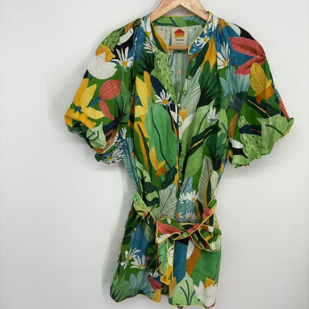 FARM Rio Romper Toucans Linen Blend Belted Green